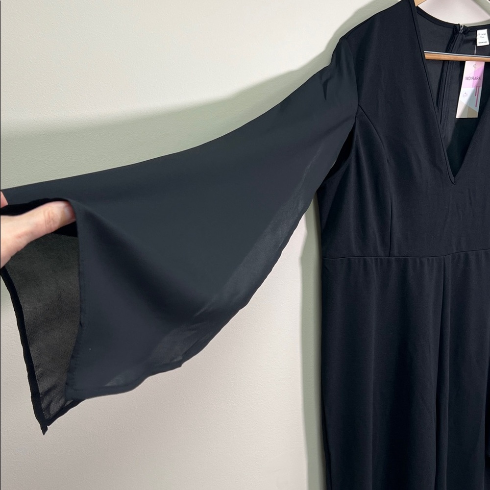 New Dressy Black High Waist Jumpsuit Deep V-Neck Split Long Sheer Sleeves 3X - Picture 5 of 15